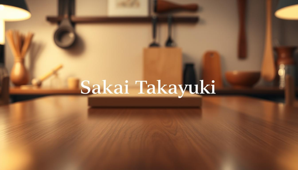 A sleek and modern display of the Sakai Takayuki logo, centrally positioned in the foreground, surrounded by a minimalist workspace. The logo features bold, clean lines and an elegant design embodying Japanese craftsmanship. In the middle ground, soft, diffused lighting enhances the logo, casting gentle shadows on a polished wooden surface that reflects its precision. The background shows a blurred image of traditional Japanese kitchen tools, hinting at the brand’s heritage, with warm tones creating a cozy atmosphere. The lens should be set at a slight angle to provide depth, while maintaining focus on the logo, capturing its elegant simplicity and significance in branding. The overall mood is professional yet inviting, emphasizing the craftsmanship behind Sakai Takayuki.