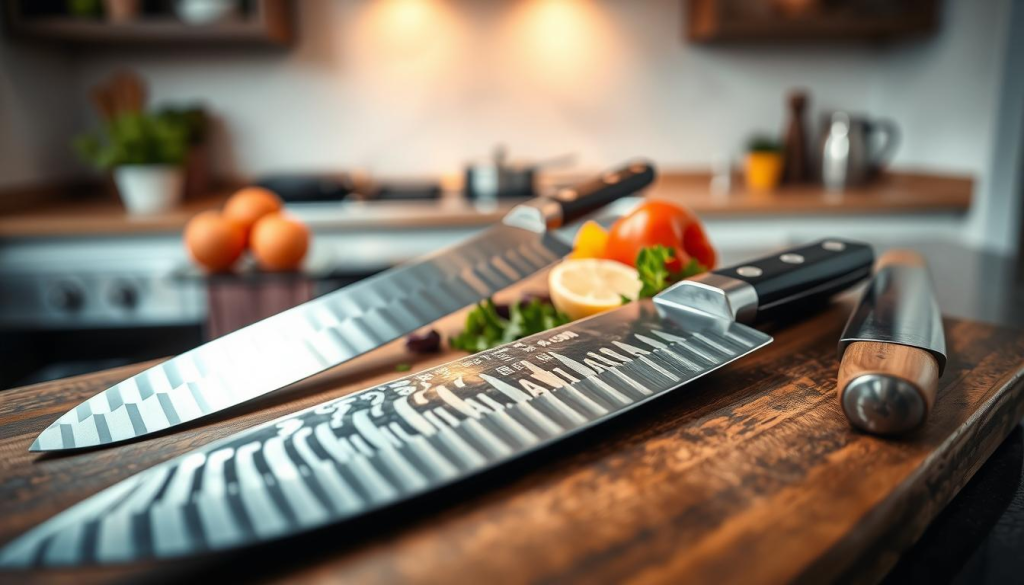 A sleek arrangement of professional chef knives displayed on a polished wooden cutting board. In the foreground, focus on an expertly crafted Sakai Takayuki knife with a beautifully patterned blade, reflecting light elegantly. Beside it, a classic, traditional Japanese knife with a wooden handle showcasing fine craftsmanship. In the middle, a few fresh herbs and vegetables are artfully scattered around to emphasize their use in cooking. The background features a softly blurred modern kitchen setting with muted colors, enhancing the atmosphere of culinary sophistication. The lighting is warm and inviting, with soft shadows adding depth to the composition. Shot from a shallow angle to highlight the knife details, creating a mood of elegance and precision in culinary arts.