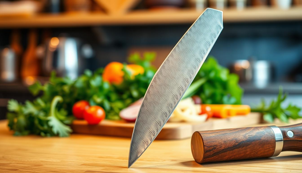 A sleek, sharp Sakai Takayuki kitchen knife is prominently displayed in the foreground, its polished blade reflecting light to reveal intricate patterns unique to high-quality Japanese craftsmanship. The handle, made of rich, dark wood, contrasts beautifully with the gleaming metal of the blade. In the middle ground, a wooden cutting board showcases fresh ingredients like vibrant green herbs and colorful vegetables, inviting viewers to imagine culinary creativity. The background features a softly blurred kitchen environment with warm, soft lighting, evoking a sense of warmth and professionalism. This composition captures the essence of choosing the perfect knife for home chefs, conveying both elegance and functionality in a harmonious kitchen setting.
