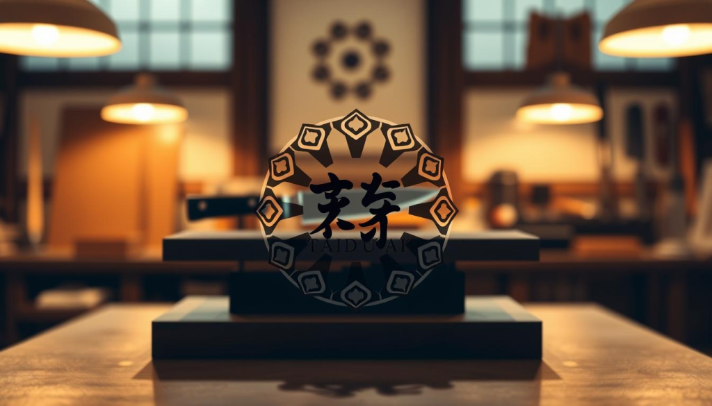 A sophisticated and elegant Sakai Takayuki logo designed to embody traditional Japanese craftsmanship. The foreground features the logo prominently, showcasing intricate details that highlight the artistry and precision of the brand. In the middle, add subtle elements like a traditional Japanese knife and whetstone, symbolizing the craftsmanship behind the logo. The background should be a serene workshop setting with warm, soft lighting that casts gentle shadows, evoking a sense of heritage and dedication to quality. Use a shallow depth of field to focus on the logo while softly blurring the background, enhancing the sense of craftsmanship. The overall mood is one of respect for tradition and the meticulous art of knife-making, inviting viewers to appreciate the signature style of Sakai Takayuki.