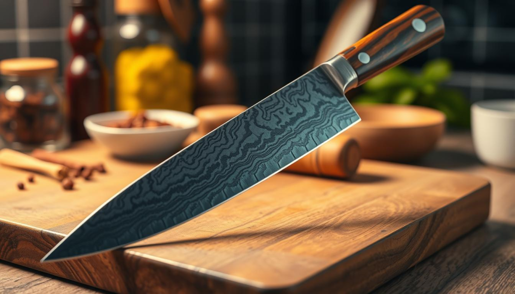 A stunning Damascus steel knife resting elegantly on a polished wooden cutting board, showcasing its intricate, wavy patterns and sharp edge. The knife features a traditional octagonal handle made of rich, dark wood, glinting under warm, soft lighting that highlights the texture of the blade and the wood grain. In the background, a blurred kitchen setting hints at culinary artistry, including spices and fresh ingredients subtly arranged to evoke a gourmet atmosphere. The angle captures the knife in a dynamic perspective, emphasizing its craftsmanship while creating an inviting, professional ambiance perfect for culinary enthusiasts. The overall mood is warm, sophisticated, and focused on the beauty of high-quality kitchen tools.