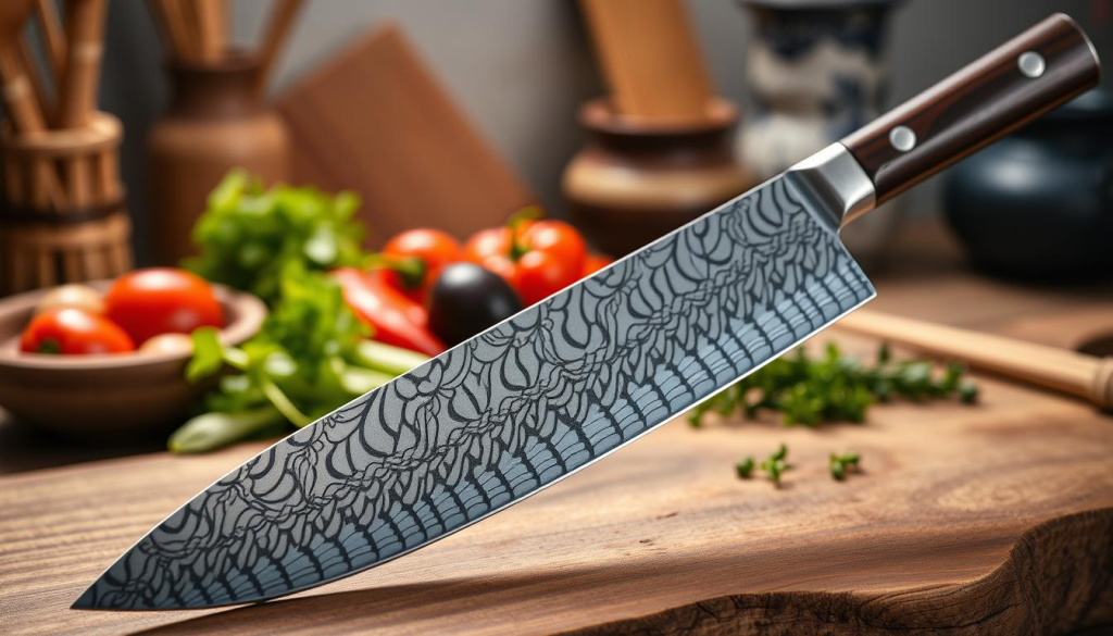 A stunning Japanese chef knife, specifically the Sakai Takayuki 33-Layer Damascus Gyuto 210mm, elegantly positioned on a rustic wooden cutting board. In the foreground, the knife's intricate 33-layer Damascus pattern glistens under soft, warm lighting that highlights its craftsmanship and sharp edge. The handle, made of dark wood, adds a touch of elegance, contrasting with the knife's shiny blade. In the middle ground, fresh ingredients like vibrant vegetables and aromatic herbs are artfully arranged, hinting at a culinary masterpiece. The background features a subtle, blurred kitchen setting with bamboo utensils and traditional Japanese accents. The overall atmosphere conveys precision, craftsmanship, and a passion for cooking, evoking the experience of choosing the perfect knife. The image is captured from a slight angle to showcase both the blade and handle in rich detail.