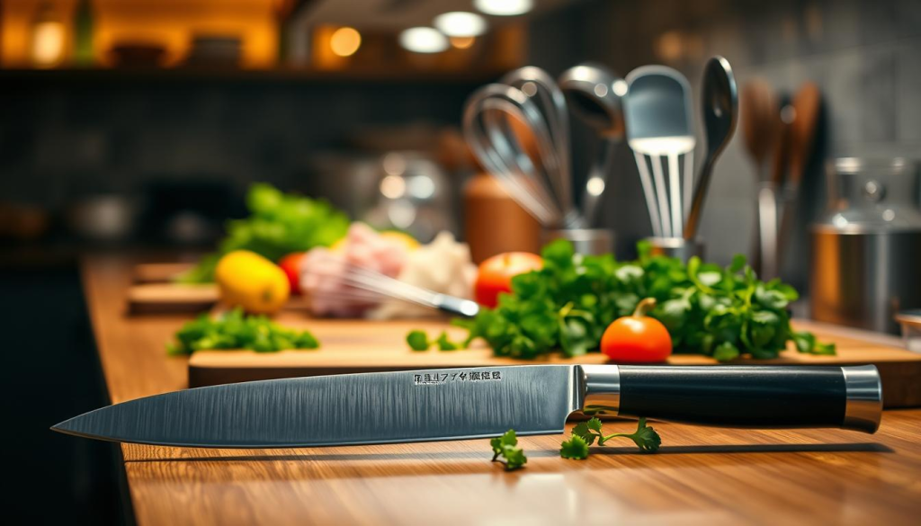 A well-arranged display of professional chef tools on a sleek wooden countertop, capturing the essence of culinary artistry. In the foreground, a sharp Sakai Takayuki Aoniko knife glistens under soft, warm lighting, its polished blade reflecting the surrounding ingredients. Next to it, a beautifully crafted wooden cutting board is adorned with fresh herbs and vibrant vegetables, suggesting preparation in action. In the middle ground, high-quality stainless steel utensils, including a whisk and spatula, are meticulously arranged, showcasing their professional nature. The background features a softly blurred kitchen environment with dimmed lights, enhancing a warm, inviting atmosphere typical of culinary creativity. The overall mood should evoke passion and craftsmanship associated with a professional chef at work.
