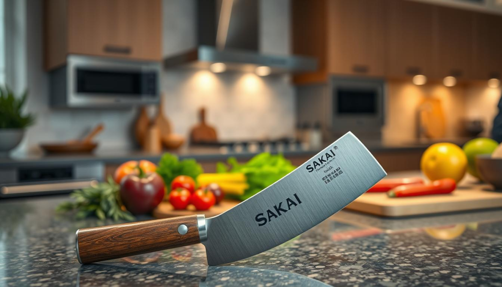 A well-designed kitchen countertop featuring the Sakai Takayuki Grand Chef knife prominently displayed. In the foreground, the knife is sharply focused, showcasing its elegant blade and traditional wooden handle. The middle ground includes a variety of fresh ingredients like vibrant vegetables and herbs arranged artfully, hinting at gourmet meal preparation. In the background, there is a softly blurred image of a stylish kitchen with modern appliances, warm lighting casting a welcoming glow. The atmosphere evokes a sense of culinary expertise and passion for cooking. Utilize a shallow depth of field to emphasize the knife while keeping the ingredients and kitchen slightly out of focus. The overall mood is inviting and professional, perfect for a buying guide theme.