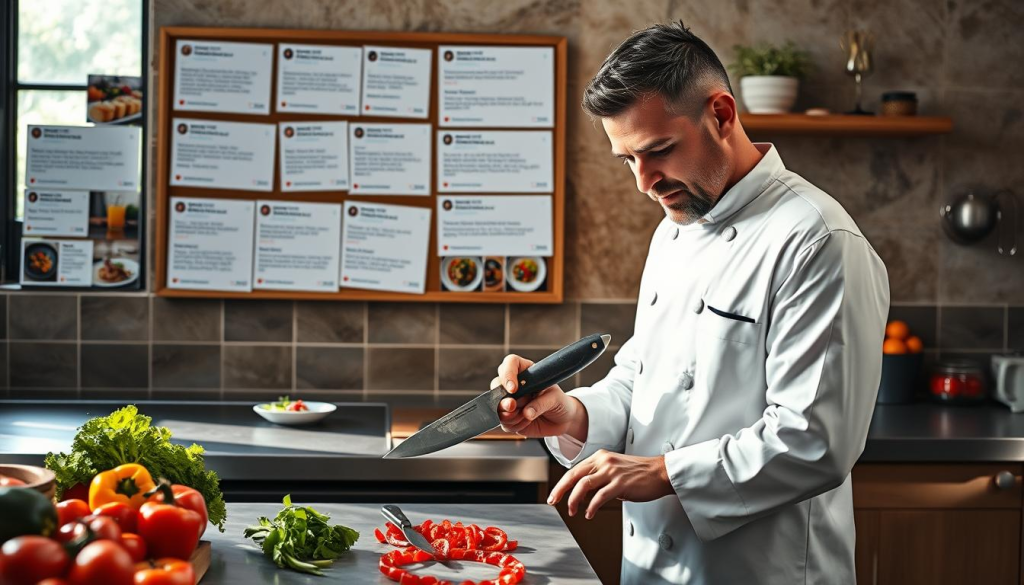 A well-designed kitchen scene featuring a professional chef, ideally representing the essence of Sakai Takayuki Grand Chef. The chef, dressed in a crisp white chef’s coat, stands confidently at a stainless steel countertop, examining a finely crafted Japanese chef knife with a blend of admiration and satisfaction. In the background, a corkboard is filled with colorful Reddit reviews and images of beautifully plated dishes, creating an immersive atmosphere of culinary excitement. Soft, natural light streams in through a nearby window, casting gentle shadows and illuminating the vibrant colors of fresh ingredients scattered around. The mood is inspirational and engaging, conveying user experiences that celebrate the artistry and craftsmanship of Sakai Takayuki tools. The angle should be slightly above eye level, providing a comprehensive view that draws the viewer into the chef's passionate world of culinary exploration.