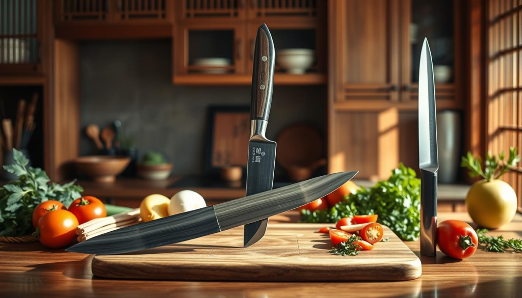 A well-lit Japanese kitchen countertop showcasing a comparison of three elegant Japanese knives, prominently featuring the Sakai Takayuki Sujihiki at the center. The Sujihiki, with its long, slender blade and polished finish, is flanked by a traditional Gyuto and a Nakiri knife, showcasing their distinct shapes and sizes. The foreground captures the knives on a beautifully crafted wooden cutting board, surrounded by fresh vegetables and herbs that highlight their culinary purpose. The background features a traditional Japanese kitchen setting with wooden cabinets and bamboo accents, creating a warm, inviting atmosphere. The lighting is soft and natural, casting gentle shadows to accentuate the knives’ craftsmanship. The image should convey a sense of artistry and culinary excellence, emphasizing the versatility and elegance of the Sakai Takayuki Sujihiki in comparison to other Japanese knives.