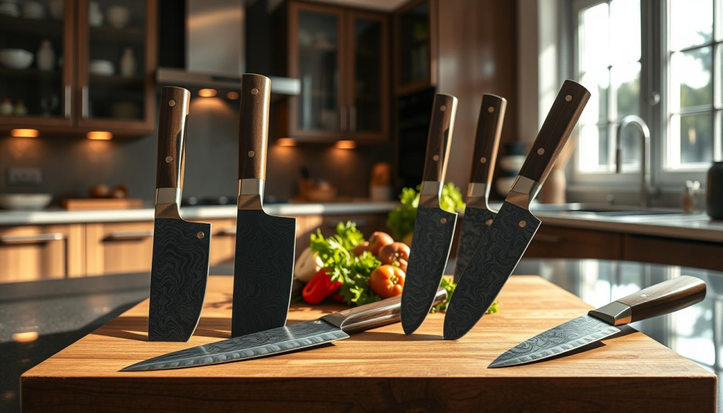 In a well-lit, modern kitchen, showcase a stunning collection of Sakai Takayuki 33 Layer Damascus knives prominently displayed on a sleek wooden cutting board. In the foreground, highlight the intricate details of the knife blades, showcasing the beautiful, swirling patterns of the Damascus steel, and the expertly crafted wooden handles, glimmering softly in warm lighting. The middle of the scene features a subtle arrangement of fresh vegetables and herbs, emphasizing the precision and elegance of the knives. In the background, the kitchen is adorned with stylish cabinetry and polished surfaces, creating an inviting, luxurious atmosphere. Soft, natural light filters through a nearby window, casting gentle shadows that enhance the mood, inviting viewers to appreciate the artistry and craftsmanship of these culinary tools.