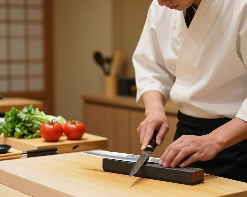 A Japanese chef's workspace, showcasing the art of knife sharpening. In the foreground, a skilled Japanese chef, wearing a crisp white chef's coat and black apron, focuses intently on honing a beautiful Sakai Takayuki 240mm Kiritsuke knife on a traditional whetstone. The glistening blade reflects soft, warm light, highlighting its sharp edge and intricate craftsmanship. In the middle ground, a wooden cutting board is slightly visible, adorned with fresh vegetables like vibrant greens and bright red tomatoes, indicating preparation for a meal. The background features subtle details of a traditional Japanese kitchen, with bamboo tools and a serene atmosphere. The lighting is soft and inviting, creating a tranquil mood, emphasizing the dedication and precision required in knife care.