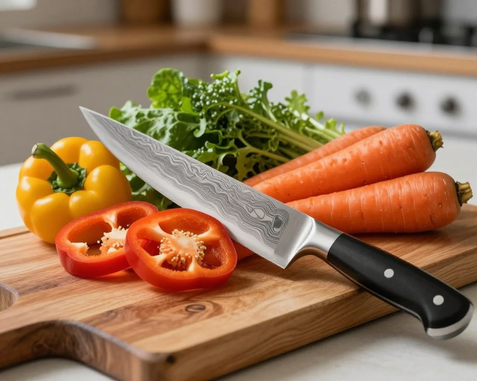 A Sakai Takayuki Damascus Nakiri knife with a beautifully patterned blade, expertly slicing through a colorful array of fresh vegetables, including crisp bell peppers, vibrant carrots, and leafy greens. In the foreground, the knife gleams under soft, natural lighting, capturing the intricate Damascus finish. The background features a rustic wooden cutting board that adds a warm touch to the scene, while a subtle kitchen environment suggests homey sophistication. The angle is slightly elevated, highlighting the knife’s precision and the vibrant colors of the vegetables as they are being effortlessly cut. The overall mood is one of culinary artistry and mastery, inviting viewers to appreciate the beauty and functionality of this ultimate cutting tool. The composition is balanced and focuses solely on the knife and vegetables, free of any text or distractions.
