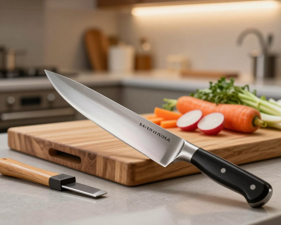 A Sakai Takayuki Usuba knife positioned prominently in the foreground, showcasing its sharp, angled blade reflecting a soft light. Beside the knife, a wooden honing steel and a traditional whetstone indicate the maintenance process. In the middle ground, a wooden cutting board with vegetable scraps, like carrots and radishes, creates a vibrant kitchen scene. The background features a softly blurred view of an organized kitchen, with warm lighting emanating from above, enhancing the focused environment. The atmosphere feels calm and professional, inviting attention to the careful preparation associated with maintaining a high-quality knife. Use a shallow depth of field to emphasize the knife and tools while softly blurring the surrounding elements, capturing the essence of culinary artistry.