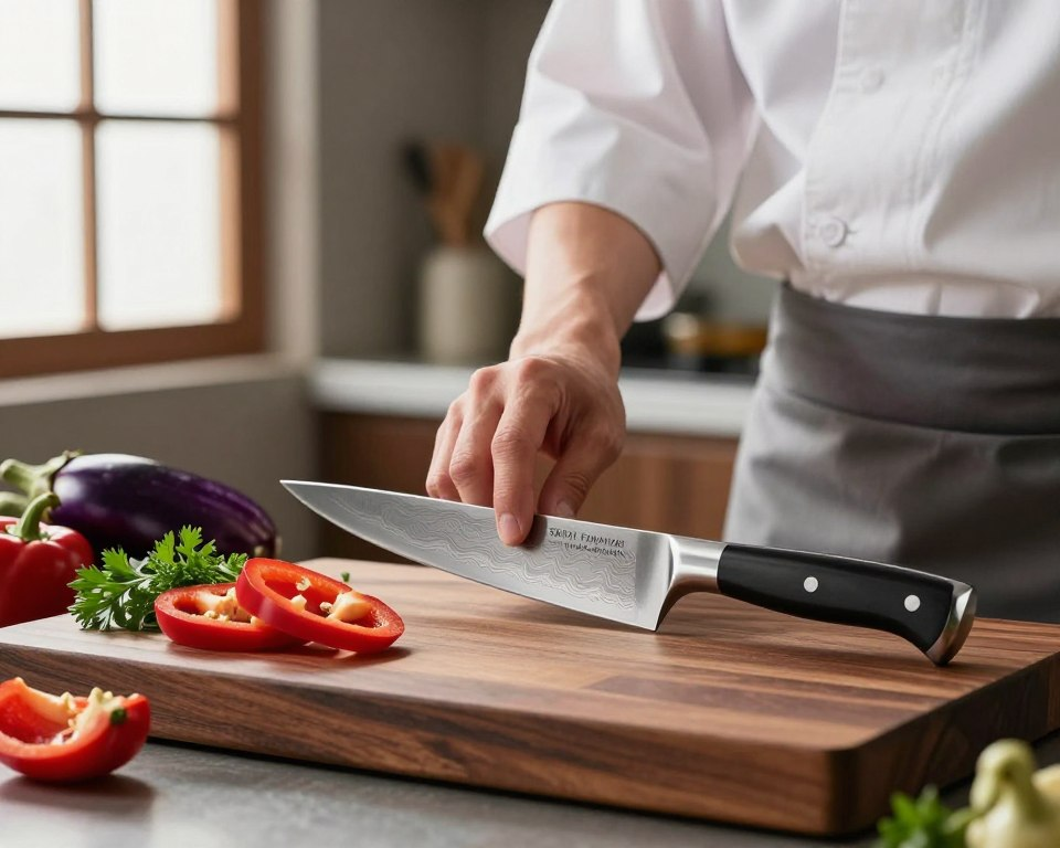 A Sakai Takayuki knife elegantly displayed on a dark wooden cutting board. The knife gleams in the soft, natural light filtering through a nearby window, highlighting its intricate Damascus steel pattern. In the foreground, freshly cut vegetables, such as vibrant red peppers, green herbs, and glossy purple eggplant, are artistically arranged, showcasing the knife's precision and craftsmanship. The middle ground features a delicate hand reaching for the knife, dressed in a professional chef's attire, exuding confidence and style. The background remains softly blurred, with hints of a modern kitchen setting, complete with subtle hints of culinary tools, creating a warm and inviting atmosphere. The overall mood is one of culinary sophistication and artistic flair, inviting viewers to appreciate the beauty and functionality of the Sakai Takayuki knife.
