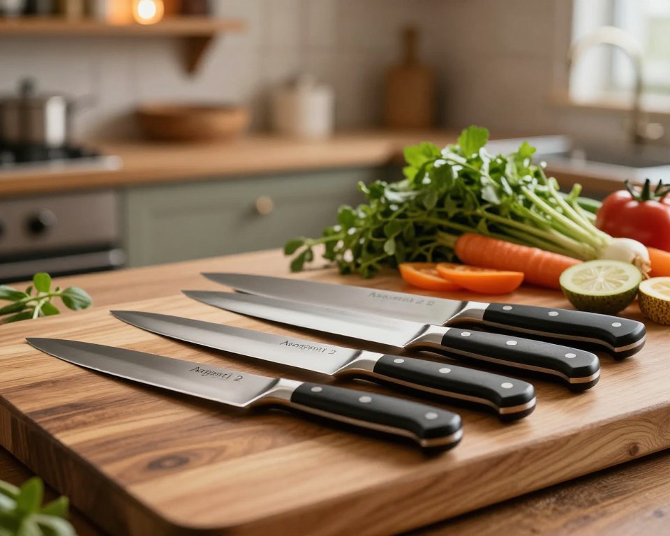 A beautiful display featuring a selection of Sakai Takayuki Aogami 2 knives arranged on a polished wooden cutting board. In the foreground, three distinct knives with elegant, polished blades reflect the soft, warm light. Each knife showcases its unique shape and design, highlighting the fine craftsmanship and exquisite detailing of the Aogami 2 steel. The middle ground features fresh ingredients, such as vibrant vegetables and aromatic herbs, creating an inviting cooking scene. In the background, a softly focused, rustic kitchen setting with wooden shelves and subtle lighting enhances the culinary atmosphere. The overall mood is warm and inviting, perfect for a professional culinary environment. The perspective is slightly elevated to capture all the elements harmoniously while ensuring the knives are the focal point.
