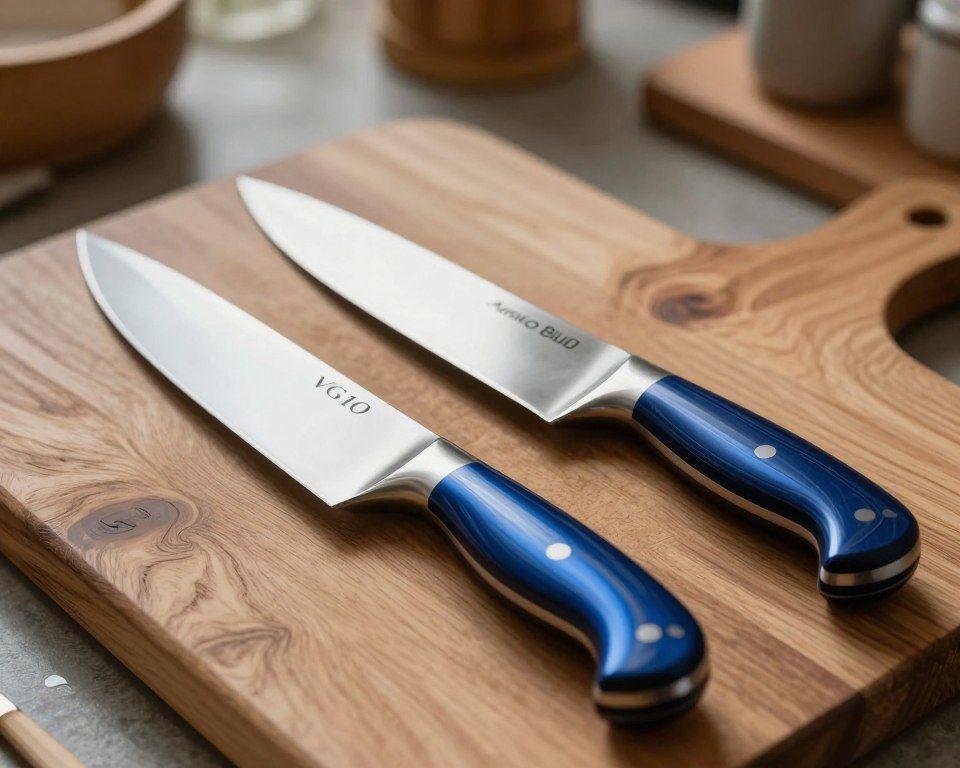 A beautiful, high-resolution image showcasing a side-by-side comparison of a Sakai Takayuki Aoniko Blue 2 knife and VG10 steel blades. In the foreground, the Aoniko Blue 2 knife gleams with its deep blue finish and intricate handle design, reflecting its craftsmanship. Next to it, the VG10 steel blades exhibit their polished edge, demonstrating sharpness and quality. The middle ground features a rustic wooden cutting board, emphasizing the culinary context. In the background, a softly blurred kitchen setting with warm, natural lighting creates a welcoming atmosphere. The image is captured from a slight overhead angle, highlighting the contours and details of both knives, evoking a sense of artistry and precision in cooking. The overall mood is refined yet approachable, perfect for culinary enthusiasts.