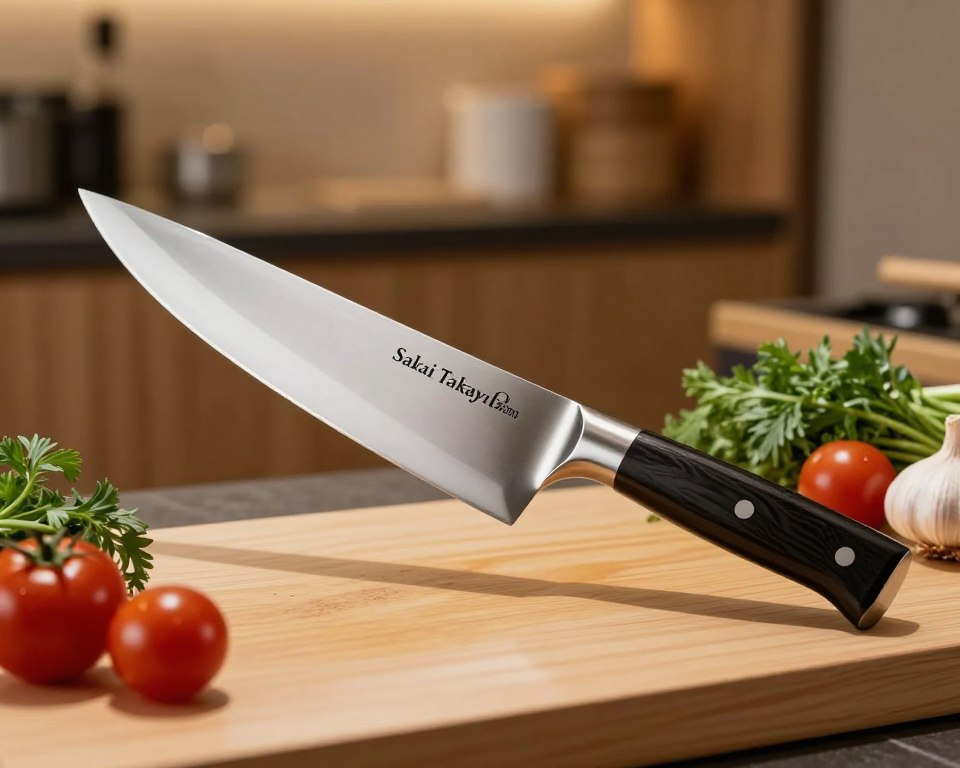 A beautifully arranged Sakai Takayuki 120mm Japanese chef's knife displayed prominently on a wooden cutting board, surrounded by fresh ingredients like vibrant green herbs, ripe cherry tomatoes, and garlic cloves, reflecting hints of culinary artistry. In the background, a softly blurred kitchen setting with warm, inviting lighting creates a cozy atmosphere. The knife glistens under a gentle overhead light, showcasing its polished blade and traditional handle with intricate craftsmanship. The composition captures a close-up angle, emphasizing the knife's quality and precision, evoking a sense of premium culinary experience. The mood is appreciative and elegant, perfect for highlighting customer reviews and feedback on this exceptional kitchen tool.