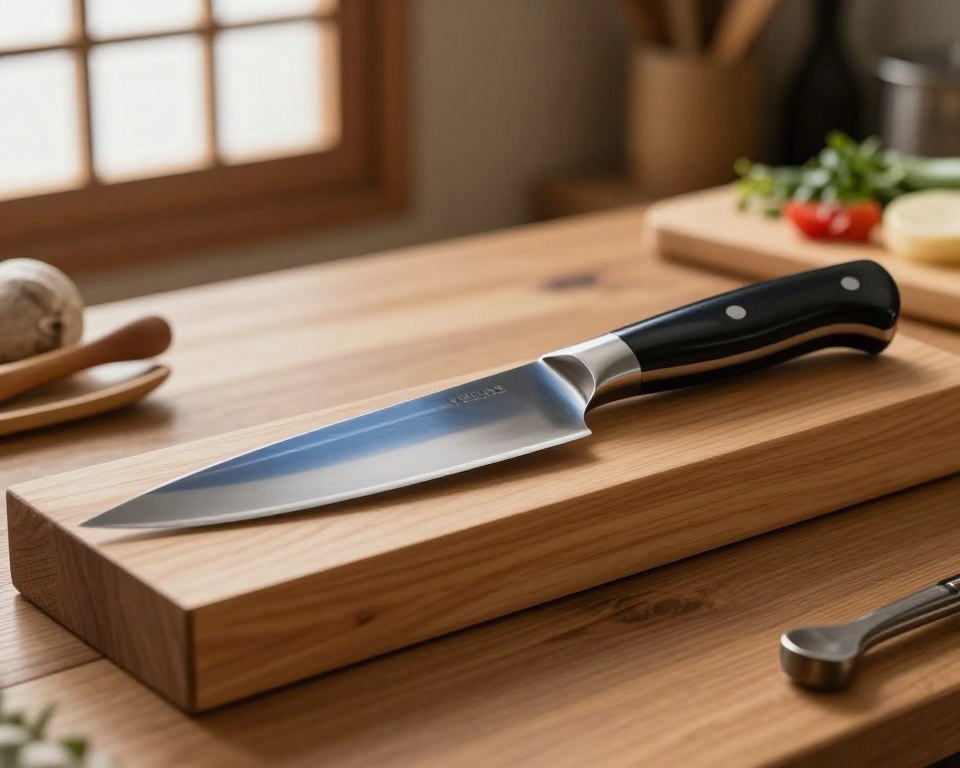 A beautifully arranged Sakai Takayuki Blue Steel knife is the focal point, resting on a fine-grained wooden sharpening stone. The knife, with its elegant curves and glossy finish, reflects the soft, warm light coming from a nearby window, creating a serene and professional atmosphere. In the foreground, the blade is angled to showcase its sharp edge, while the background features softly blurred kitchen utensils, like a wooden cutting board and fresh ingredients, hinting at culinary craftsmanship. The lighting accentuates the knife's craftsmanship and steel texture, highlighting the meticulous care put into its maintenance. The scene conveys a sense of tranquility and dedication to the art of knife care, making it visually appealing and informative for knife enthusiasts.