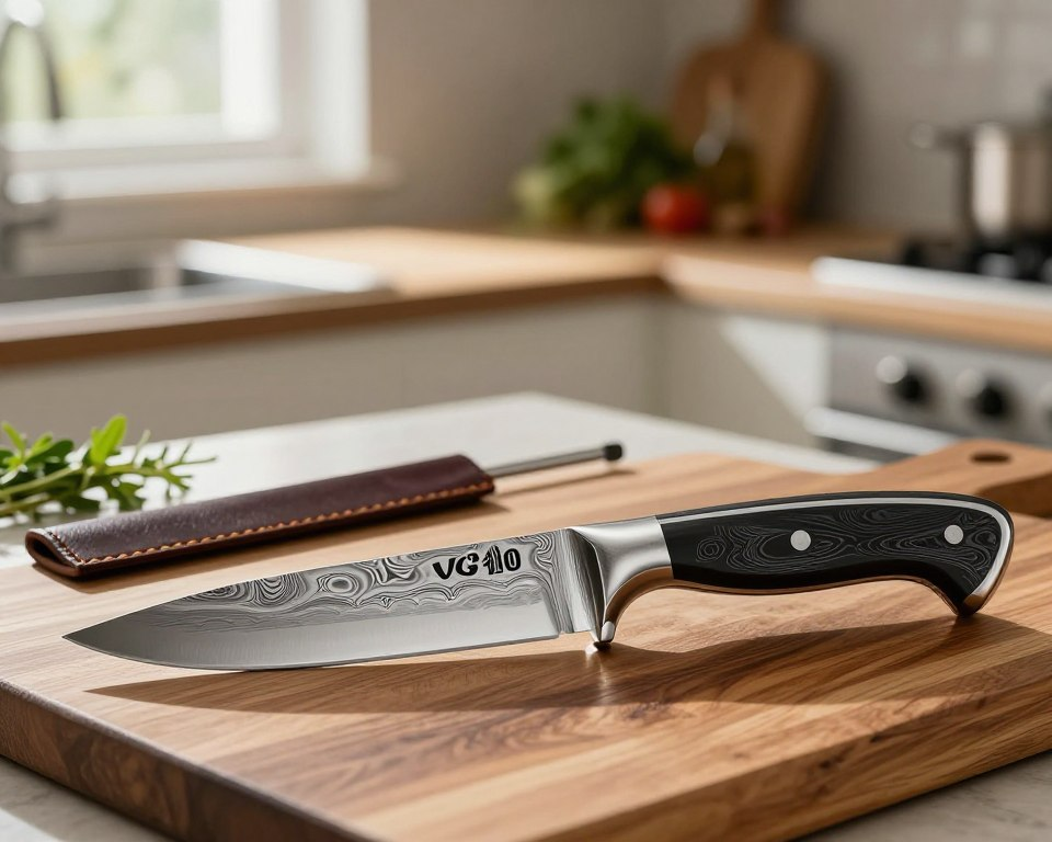 A beautifully arranged VG10 steel knife, showcasing its intricate 33-layer Damascus pattern, sits prominently in the foreground. The knife is positioned on a polished wooden cutting board, reflecting its craftsmanship. Beside it, a honing rod and a leather strop hint at the maintenance tools essential for retaining the knife's razor edge. In the middle ground, a softly lit kitchen countertop sets a warm atmosphere, with herbs and spices subtly blurred in the background, suggesting culinary creativity. Natural light pours in from a nearby window, casting gentle shadows that enhance the knife's sheen. The scene evokes a sense of dedication to quality and the art of cooking, perfect for conveying the importance of understanding VG10 steel knife maintenance.