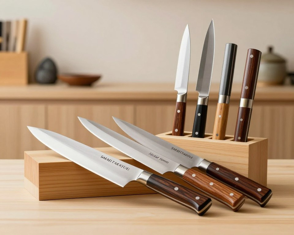 A beautifully arranged collection of authentic Japanese knives, prominently featuring the Sakai Takayuki Aoki Hamono knives. In the foreground, showcase a set of intricately crafted, polished steel knives with elegant wooden handles, reflecting their craftsmanship and heritage. The middle layer includes a traditional Japanese wooden block, showcasing the knives in a standing position, emphasizing their sharpness and design. In the background, a softly blurred, minimalistic kitchen setting with subtle Japanese decor, such as bamboo and stone accents, enhances the focus on the knives. Use warm, natural lighting to create an inviting atmosphere, highlighting the textures and shapes of the knives with a shallow depth of field for a professional, engaging look. Aim for a balanced composition that draws the viewer’s eye to the beauty of these exceptional tools.