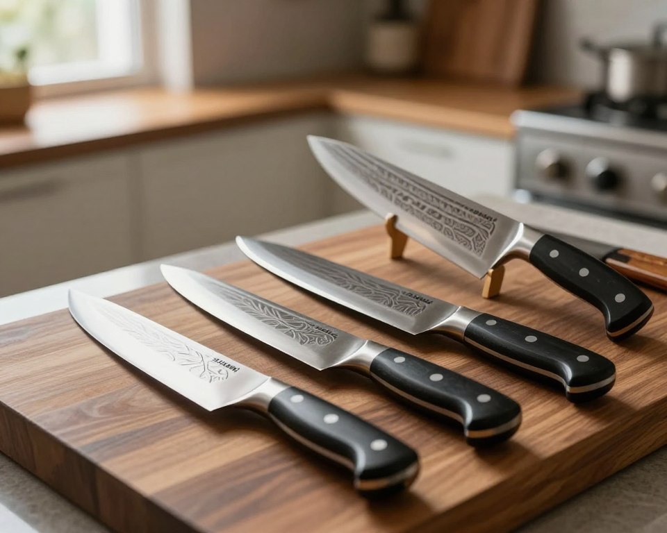 A beautifully arranged comparison of three Sakai Takayuki Damascus Santoku knives in the foreground, highlighting their intricate blade patterns and unique handle designs. Each knife rests on a smooth, dark wooden chopping board that enhances the visual appeal. In the middle, a selection of competing Santoku knives from various well-known brands, positioned at varying angles to showcase their features. The background features a softly blurred kitchen setting with warm, natural lighting streaming in from a nearby window, creating a cozy and inviting atmosphere. The overall mood is one of craftsmanship and precision, emphasizing the exceptional quality of the Sakai Takayuki knives against the competition, captured with a shallow depth of field to focus attention on the knives.