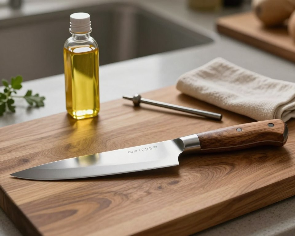 A beautifully arranged composition focusing on high carbon steel blade care. In the foreground, a pristine 210mm Gyuto knife with a polished blade and elegant wooden handle, resting on a wooden cutting board. A soft, warm light gently illuminates the knife, highlighting its gleaming surface and fine details. In the middle, tools for maintenance are displayed: an oil bottle for blade protection, a small honing rod, and a soft cloth. The background features a blurred kitchen environment, with subtle hints of herbs and a cutting board. The overall mood is calm and inviting, reflecting an artisanal touch. This scene captures the essence of careful maintenance and appreciation for high-quality kitchen tools.