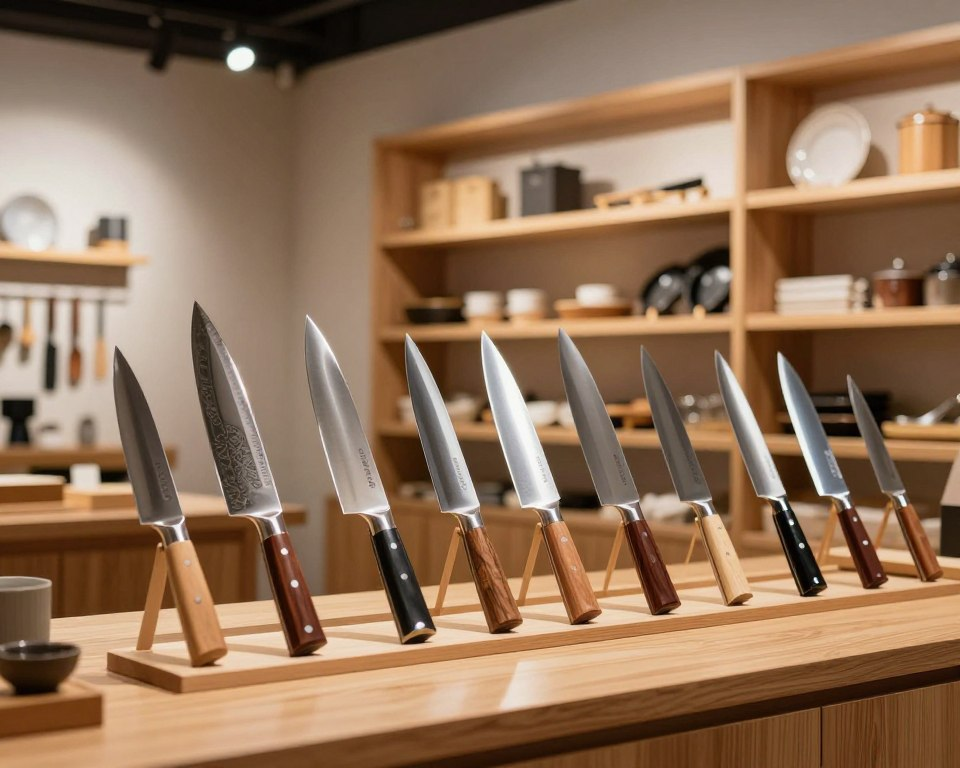 A beautifully arranged display of Sakai Takayuki 45 knives showcased in a modern retail environment. In the foreground, several gleaming, handcrafted Japanese culinary knives with intricate blade patterns and traditional wooden handles are elegantly positioned on a wooden countertop. The middle ground features a warm, inviting retail space, with minimalistic wooden shelving that holds various kitchen tools and accessories. The background showcases subtle, blurred elements like soft lighting from overhead fixtures, creating a cozy atmosphere. The image should be captured with a slight depth of field, focusing on the knives while gently blurring the surroundings. Overall, the scene conveys a sense of craftsmanship and culinary excellence, inviting viewers to explore the world of premium kitchen knives.