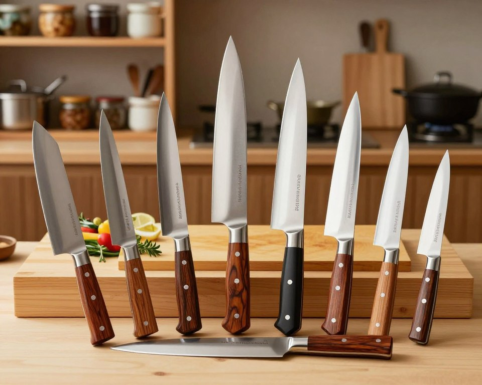 A beautifully arranged display of Sakai Takayuki Hamono Knives, showcasing a variety of blade styles including Santoku and Gyuto, each with expertly crafted handles made from rich wood. In the foreground, the knives glisten under soft, diffused lighting that highlights their sharp edges and intricate detailing. The middle ground features a traditional Japanese wooden cutting board with culinary herbs and vegetables artistically placed, hinting at their use in cooking. In the background, a warm, inviting kitchen ambiance is created with blurred elements of shelves filled with cooking utensils and jars, enhancing the homely vibe. The composition should evoke a sense of craftsmanship, elegance, and the essential role of these knives in culinary arts.
