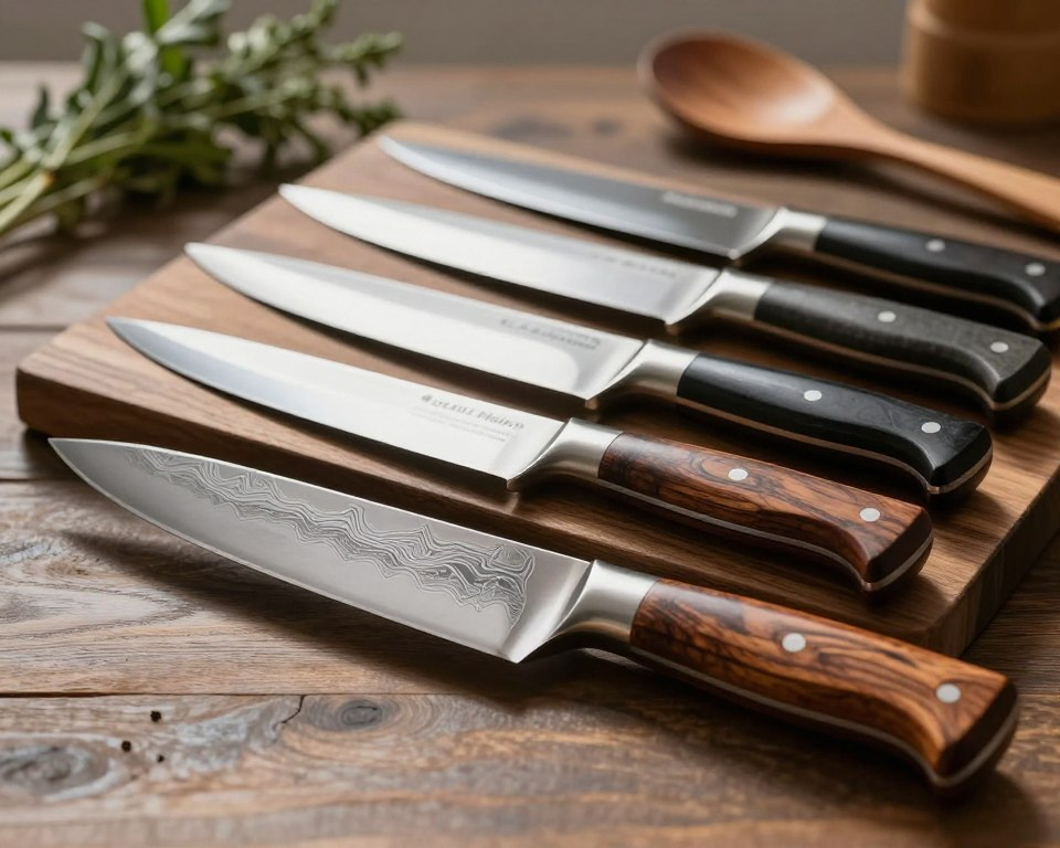 A beautifully arranged display of Sakai Takayuki Hien knives, showcasing their exceptional craftsmanship. In the foreground, a close-up of a single knife, highlighting the intricate Damascus pattern on the blade and the polished wood handle, featuring a subtle grain. The middle ground includes a selection of various knife types, including a chef's knife, paring knife, and a utility knife, each placed on a dark wooden cutting board. The background is softly blurred with kitchen elements such as herbs and elegantly crafted wooden utensils, creating a warm and inviting atmosphere. Soft natural lighting illuminates the scene, casting gentle highlights and shadows, enhancing the blades' shine and the knife handles' texture. A professional macro lens angle captures the exquisite details, evoking a sense of culinary artistry and precision.