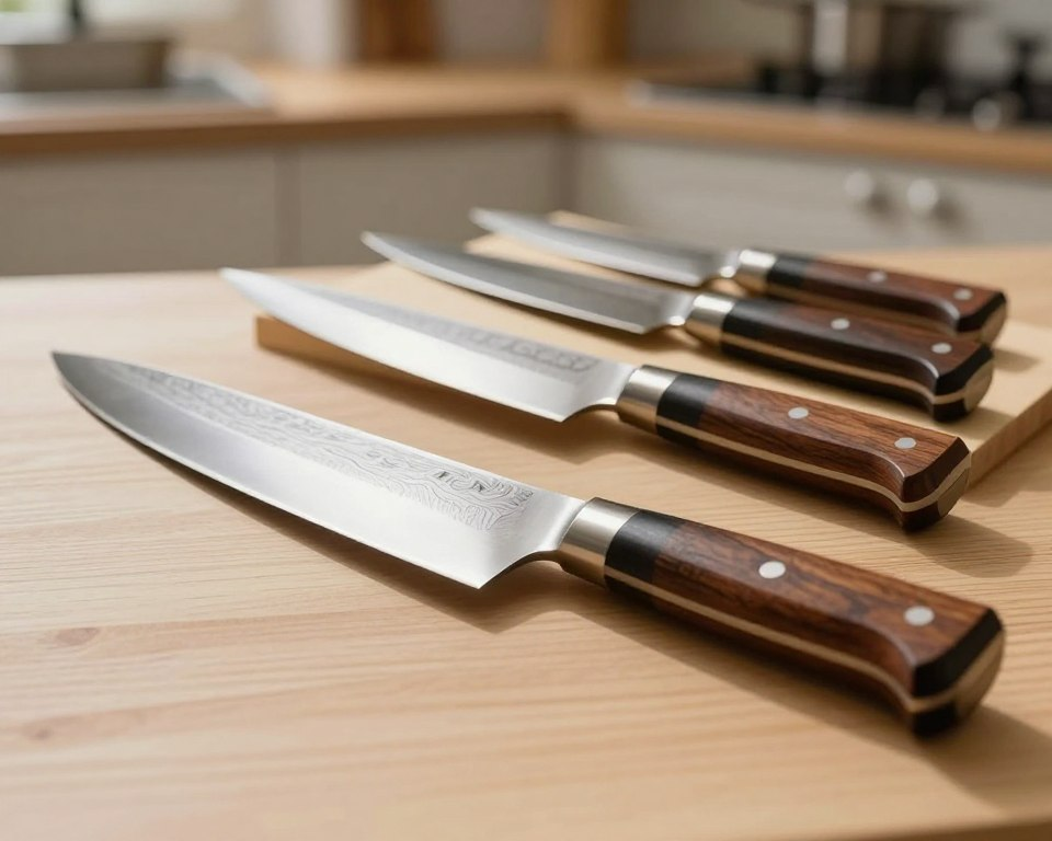 A beautifully arranged display of Sakai Takayuki Homura Kogetsu knives, showcasing their craftsmanship and intricate details. In the foreground, focus on a sleek, polished 240mm gyuto knife with a stunning Damascus steel blade, reflecting the light. The handle should feature traditional octagonal shaping, made of rich, dark wood, highlighting the meticulous attention of artisans. In the middle background, include a set of complementary paring and utility knives, elegantly displayed on a natural wooden cutting board. Soft, diffused lighting casts gentle shadows, creating a warm atmosphere. The backdrop should be a blurred kitchen setting with soft colors, evoking a sense of culinary elegance and mastery. The angle should be slightly elevated, capturing the knives in an inviting perspective, emphasizing their superior quality and design.