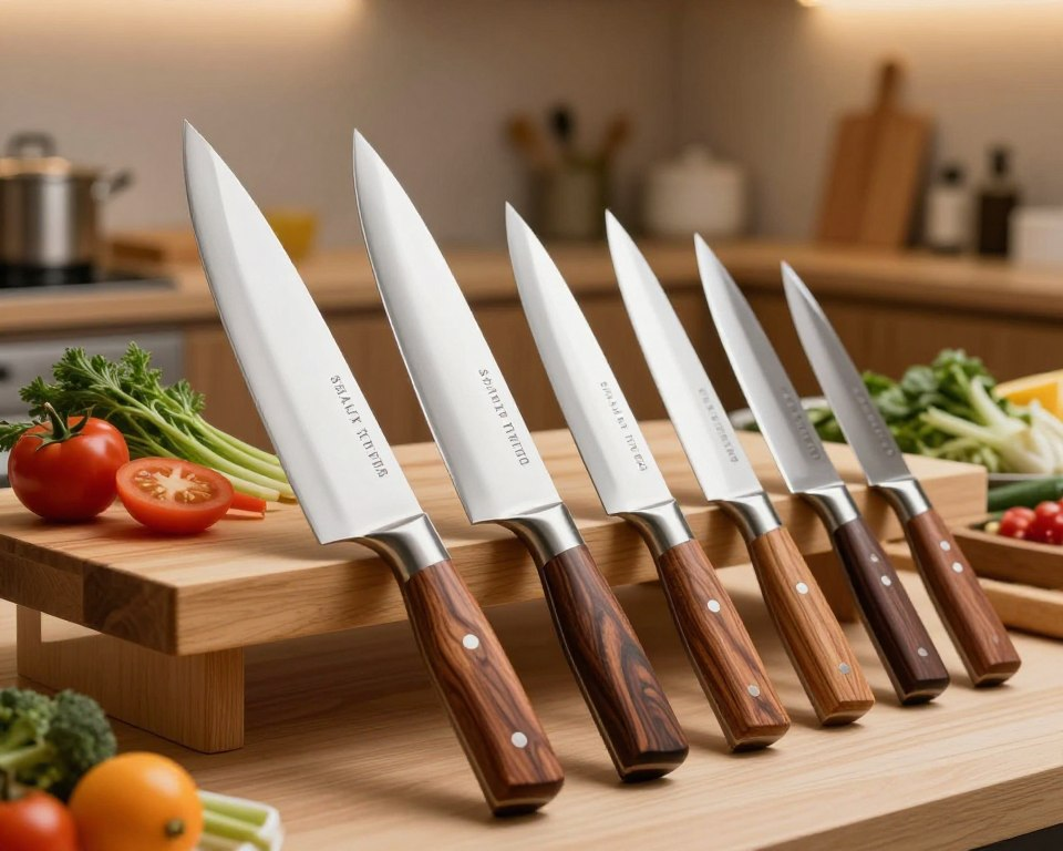 A beautifully arranged display of Sakai Takayuki Homura Kogetsu knives, showcasing their elegant craftsmanship. In the foreground, the knives gleam with sharp, stainless steel blades and intricately designed handles made from rich, dark wood with gentle, natural grain patterns. The middle ground features a wooden cutting board adorned with an array of fresh, colorful vegetables and herbs, hinting at culinary excellence. In the background, a softly blurred kitchen setting with warm, ambient lighting casts a cozy, inviting atmosphere, emphasizing a passion for cooking. The scene captures the precision and beauty of these exceptional knives, conveying a sense of sophistication and artisanal quality, perfect for the discerning chef. The focus should be sharp on the knives, with a gentle bokeh effect in the background.