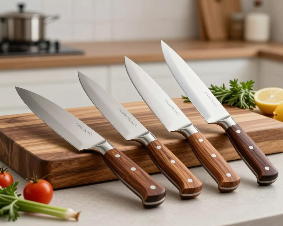 A beautifully arranged display of Sakai Takayuki Inox knives, showcasing their elegant designs and craftsmanship. In the foreground, a selection of three handcrafted stainless steel knives with polished wooden handles, glistening under soft, diffused lighting that highlights the details of the blades. The middle ground features a luxurious wooden cutting board, adorned with fresh ingredients like herbs and vegetables, conveying a sense of culinary artistry. In the background, a blurred kitchen setting with minimalist decor, enhancing the focus on the knives while evoking a warm and inviting atmosphere. The image captures the essence of high-quality Japanese craftsmanship, emphasizing both functionality and beauty, perfect for culinary enthusiasts.
