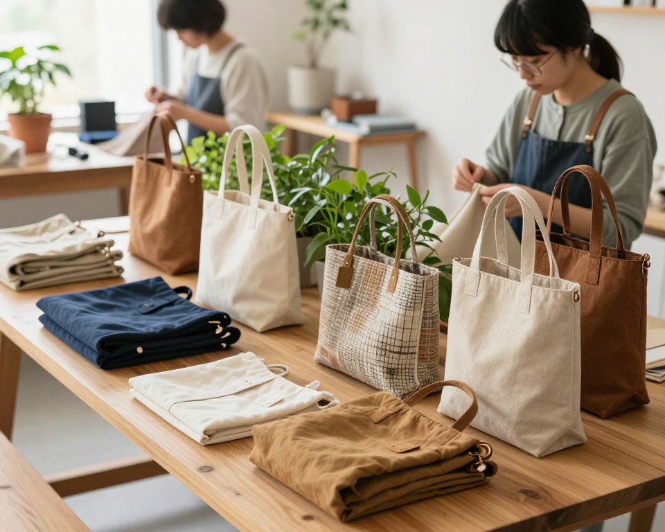 A beautifully arranged display of Sakai Takayuki bags made from eco-friendly materials, such as organic cotton and recycled fabrics. In the foreground, a variety of bags in earthy tones, showcasing their stylish yet functional designs, lie elegantly against a natural wooden table. In the middle, lush green plants and sustainable textile samples provide a sense of environmental consciousness. The background features a soft-focus view of a light-filled workshop, highlighting the artisanal craftsmanship process with skilled artisans in professional attire, carefully sewing and assembling the bags. The scene is illuminated with warm, natural lighting, creating an inviting and sustainable atmosphere. The angle is slightly tilted from above, capturing the textures and colors of the materials, evoking a sense of mindful manufacturing and modern elegance.