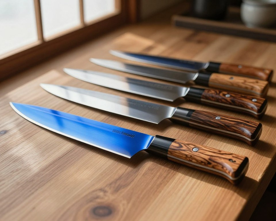 A beautifully arranged display of Sakai Takayuki blue knives, showcasing their elegant and precise craftsmanship. In the foreground, focus on a striking blue-hued knife with a sharp, gleaming blade, highlighting the intricately detailed handle made of premium wood with a natural finish. In the middle ground, additional knives of varying sizes gracefully fan out, each reflecting the soft light. The background features a blurred wooden countertop, suggesting a warm, traditional Japanese kitchen ambiance. Natural light filters in from a nearby window, casting gentle shadows that enhance the textures of the knives. The overall atmosphere exudes sophistication and quality, inviting the viewer to appreciate the artistry and value of investing in premium kitchen tools.