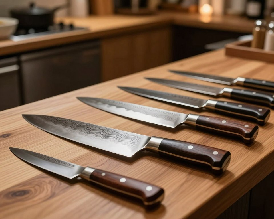 A beautifully arranged display of Sakai Takayuki knives on a polished wooden countertop, showcasing their intricate Damascus steel blades with elegant patterns and gleaming finishes. In the foreground, focus on a chef’s knife with a traditional Japanese handle made from dark wood, complemented by a smaller paring knife beside it. In the middle ground, incorporate a selection of different knives, highlighting their unique sizes and shapes. The background features a softly blurred kitchen setting with warm, inviting lighting that enhances the knives' shiny surfaces. The atmosphere is serene and professional, evoking a sense of craftsmanship and quality, ideal for those looking to purchase top-tier Japanese knives in the UK. The perspective is slightly angled to showcase the knives' details prominently without any text or distractions.
