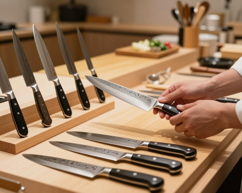 A beautifully arranged display of Sakai Takayuki knives, showcasing their elegant Damascus patterns and craftsmanship. In the foreground, focus on a few selected knives placed on a sleek wooden cutting board, glinting under soft, warm light. In the middle, include a pair of hands thoughtfully holding a knife, examining its blade, conveying a sense of careful selection. The background features a well-organized kitchen setting, with subtle hints of culinary tools and ingredients, enhancing the theme of cooking and quality. The atmosphere is inviting and professional, suggesting a space where someone is making a thoughtful purchasing decision. Use a shallow depth of field to draw attention to the knives while softly blurring the background, creating a cozy and focused ambiance.