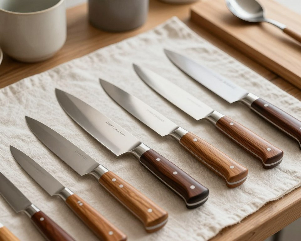 A beautifully arranged display of Sakai Takayuki left-handed knives, showcasing their exquisite craftsmanship and elegant design. In the foreground, focus on a few knives with polished wooden handles and gleaming stainless steel blades catching the light. The middle layer includes a soft, textured cloth backdrop that emphasizes the knives' features and colors. In the background, gently blurred kitchen utensils or a rustic wooden cutting board provide context while maintaining a clean, professional aesthetic. Use warm, natural lighting to create an inviting atmosphere, shot from a slightly elevated angle to capture both the sharpness of the blades and the intricate details of the handle designs. The overall mood should convey a sense of elegance, value, and artistry.