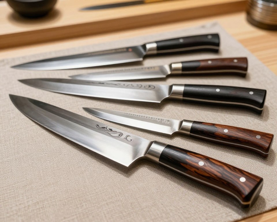 A beautifully arranged display of Sakai Takayuki left-handed knives, showcasing their unique designs and aesthetics. In the foreground, focus on a prominent, intricately crafted knife with a polished blade reflecting light. The handle, made from rich, dark wood with elegant grain patterns, complements the blade's artful design. In the middle ground, position several other knives of varying lengths, each exhibiting distinct shapes and traditional Japanese motifs, laid out on a soft, textured fabric. The background features a subtle wooden countertop, creating an authentic kitchen atmosphere, with soft, diffused lighting casting gentle shadows. Capture the image from a slightly elevated angle, emphasizing the craftsmanship and beauty of each knife, evoking a mood of artistry and culinary passion.