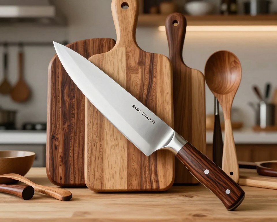 A beautifully arranged display of handcrafted cutlery, featuring a stunning Sakai Takayuki 210mm chef's knife at the forefront, its brilliant stainless steel blade reflecting soft, natural light. The knife is surrounded by a selection of artisanal wooden cutting boards and unique, handmade kitchen utensils, showcasing intricate details and craftsmanship. In the background, a softly blurred kitchen setting with warm, ambient lighting adds to the inviting atmosphere. The scene is shot from a low angle to emphasize the knife's elegant curves and expert craftsmanship, creating a mood of culinary sophistication and artistry. The vibrant wood grains and the sheen of the steel contrast beautifully, inviting the viewer to appreciate the beauty of handcrafted kitchen tools.
