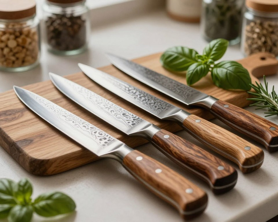 A beautifully arranged display of handmade cutlery, focusing on a set of Sakai Takayuki Damascus hammered knives. In the foreground, showcase the knives with intricate Damascus patterns glistening in the soft, natural light. The blades should reflect a subtle sheen, highlighting their craftsmanship and precision, while the wooden handles exude warmth and elegance. In the middle ground, place a rustic wooden cutting board, adorned with fresh herbs like basil and rosemary, enhancing the culinary theme. The background should have a faint blur of a cozy kitchen setting, with blurred jars and spices, creating an inviting atmosphere. The overall mood is warm, artisanal, and sophisticated, reminiscent of a high-quality kitchen experience. Use a shallow depth of field to emphasize the cutlery against the softly rendered background.