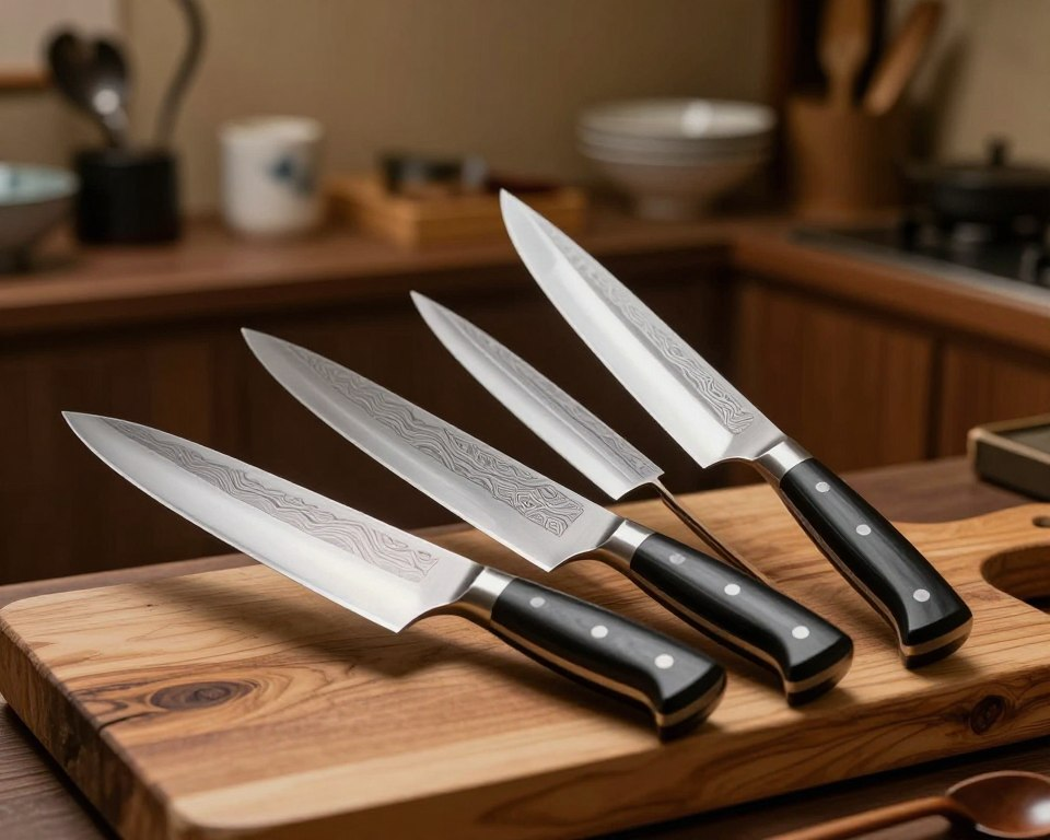 A beautifully arranged display of high-quality Sakai Takayuki steel knives, showcasing their intricate craftsmanship and exceptional materials. In the foreground, highlight a set of three different knives with stunning Damascus patterns on the blades, glimmering under soft, warm light. Each knife should be presented on a rustic wooden cutting board, with a soft-focus background of traditional Japanese kitchen utensils and a blurred kitchen setting that suggests a rich, cultural atmosphere. The lighting should create subtle reflections on the knife blades, emphasizing their sharpness and finely honed edges. Capture the essence of precision and artistry in Japanese knife making, invoking a sense of elegance and craftsmanship in a serene environment.