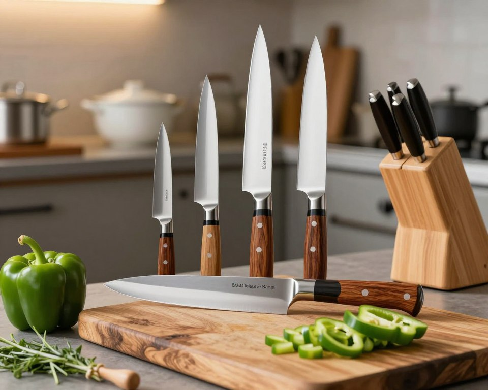 A beautifully arranged display of high-quality kitchen knives, focusing on the Sakai Takayuki 180mm in the center. The knife features a sleek, polished blade with a traditional Japanese design and a comfortable wooden handle. In the foreground, a well-worn wooden cutting board shows evidence of use, with freshly chopped vegetables like vibrant green peppers and aromatic herbs scattered around. In the middle background, a well-organized kitchen workspace with soft, warm lighting highlights elegant cookware and a skillfully crafted knife block. The atmosphere is inviting and professional, evoking a sense of culinary craftsmanship. Use a shallow depth of field to emphasize the knives, capturing the gleam of the blade against a softly blurred kitchen backdrop.