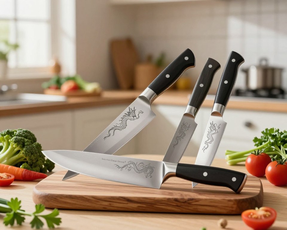 A beautifully arranged display of the Sakai Takayuki Dragon Knife Series, showcasing a selection of three expertly crafted kitchen knives with intricate dragon engravings on the blades. In the foreground, a polished wooden cutting board enhances the scene, while fresh herbs and vibrant vegetables are artistically placed around the knives, emphasizing their culinary purpose. The middle ground features a soft light illuminating the polished metal, highlighting the craftsmanship and sharpness of the blades. The background is a softly blurred kitchen setting, with warm, inviting colors and natural light streaming in, creating a cozy atmosphere. The composition focuses on elegance and functionality, reflecting the precision and beauty of high-quality kitchen tools.