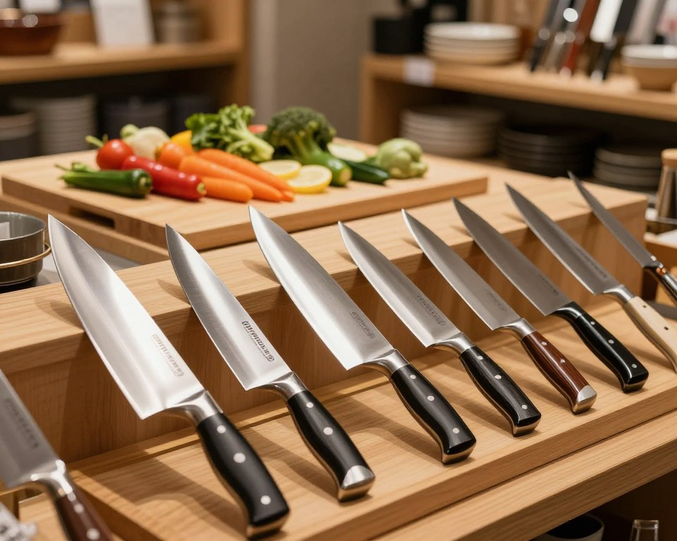 A beautifully arranged display of various Sakai Takayuki knife sets, showcasing the intricate craftsmanship and high-quality materials. In the foreground, a selection of the knives, including a chef's knife, paring knife, and santoku knife, gleaming under soft, warm lighting that highlights their polished blades and elegant handles. The middle ground features a wooden cutting board with fresh, colorful vegetables artfully placed to suggest culinary use. In the background, blurred shelves display other kitchenware and accessories, creating an inviting shopping atmosphere. The angle is a slightly elevated view, allowing the viewer to appreciate the knives' details while feeling immersed in a gourmet kitchen setting. The mood is sophisticated and warm, inviting culinary enthusiasts to explore their purchasing options.