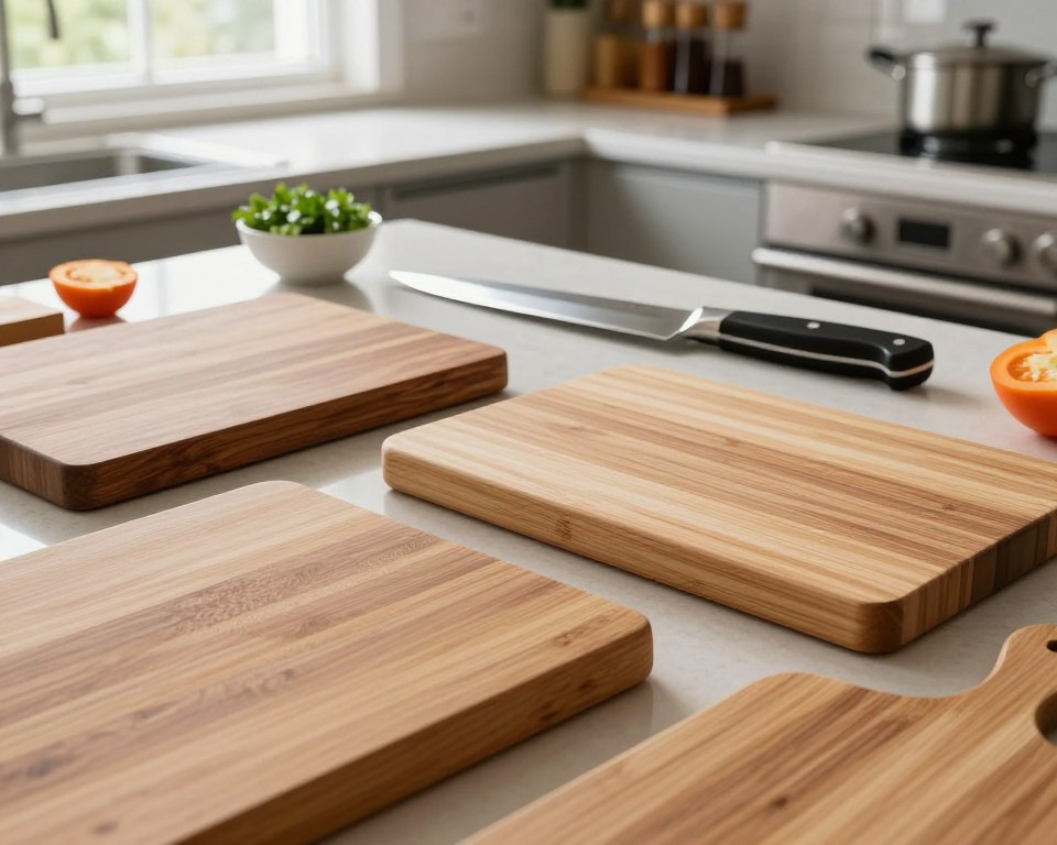 A beautifully arranged display of various cutting board materials is set in the foreground, showcasing bamboo, walnut, and maple cutting boards in distinct shapes and sizes, each with unique grain patterns and textures. In the middle ground, a well-lit kitchen countertop features a sleek, high-quality Japanese knife—gleaming and sharp—placed next to a small bowl of fresh herbs and a halved vegetable, hinting at culinary creativity. The background includes softly blurred kitchen elements like pots, a spice rack, and natural light streaming in through a window, creating a warm and inviting atmosphere. The image is taken from a slightly overhead angle, capturing the elegance of craftsmanship and the appeal of high-quality kitchen tools, evoking a sense of passion for cooking.