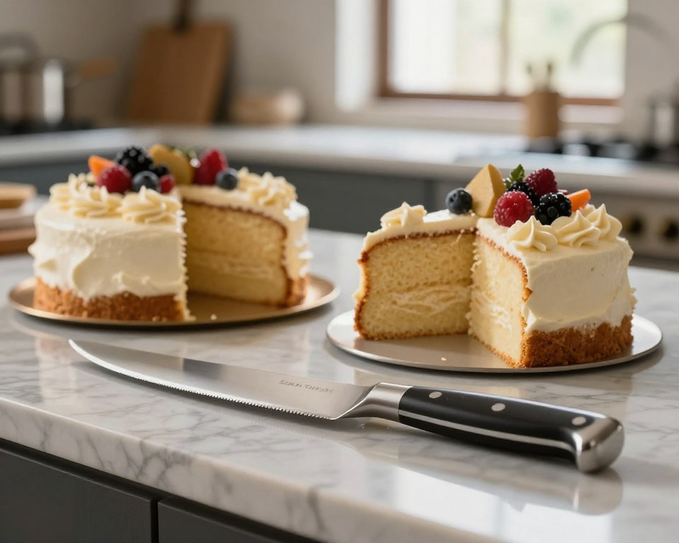 A beautifully arranged display showcasing a Sakai Takayuki cake knife on a marble countertop, with a freshly sliced cake beside it. In the foreground, focus on the knife with its elegant handle, reflecting soft natural light. The middle ground features the cake, decorated with delicate frosting and fresh berries, emphasizing the precision of the cut. The background displays a softly blurred kitchen setting, exuding warmth and professionalism, with light streaming in from a window. The atmosphere is inviting and sophisticated, perfect for a high-quality kitchen tool. Capture this scene with a shallow depth of field for a refined look, using soft, diffused lighting to enhance the textures of the knife and cake.