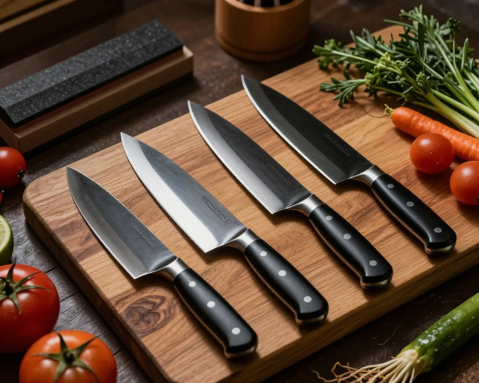 A beautifully arranged flat lay of Sakai Takayuki Aogami Super Kurouchi knives, highlighting their distinctive features such as the jet-black Kurouchi finish and sharp, polished edges. The knives should be displayed on a rustic wooden cutting board, surrounded by fresh ingredients like vibrant vegetables and herbs to convey a sense of culinary artistry. Dim, warm lighting casts gentle shadows, enhancing the texture of the blades and wood grain. In the background, softly blurred kitchen tools like a whetstone and a traditional Japanese knife holder, creating a cozy yet professional atmosphere. The overall mood should exude excellence and craftsmanship, inviting viewers to appreciate the intricate beauty of Japanese knives without any text or distractions.