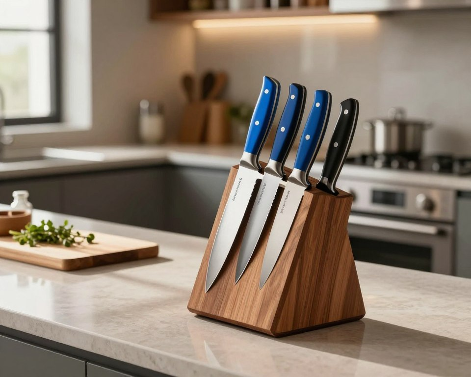 A beautifully arranged high-performance knife storage unit, showcasing premium Sakai Takayuki Blue Super kitchen knives. In the foreground, the knives are arranged in a sleek, custom wooden block, their sharp blades glinting under warm, soft lighting. The middle ground features a polished countertop, adorned with a cutting board and culinary herbs, hinting at a professional kitchen environment. In the background, a modern kitchen with stainless steel appliances creates a clean, inviting atmosphere. The composition should evoke a sense of care and precision, with natural light streaming in from a nearby window, casting gentle shadows that enhance the textures of the wood and metal. Capture the elegance and meticulousness essential for knife care, ensuring an overall mood of sophistication and functionality.