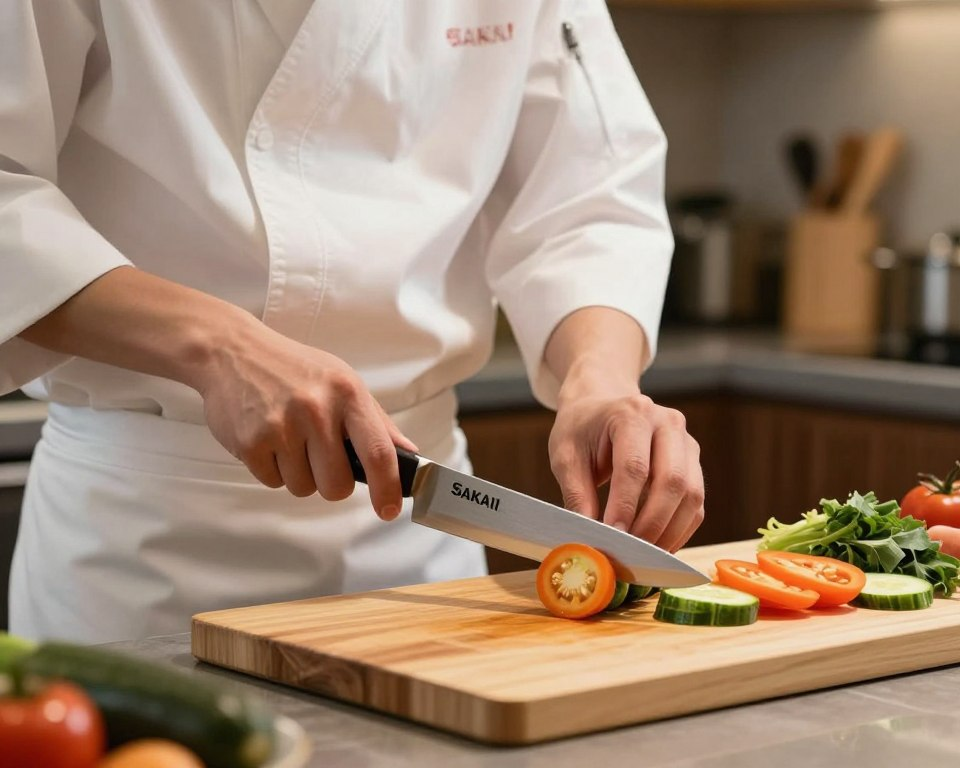A beautifully arranged kitchen countertop features a skilled chef, dressed in a professional white chef's jacket, expertly demonstrating precise knife techniques with a Sakai Takayuki 150mm chef's knife. In the foreground, focus on the chef's hands, showcasing graceful movements as they slice through fresh vegetables with utmost precision. In the middle, a wooden cutting board displays vibrant ingredients, with the knife gleaming under the soft, warm lighting that highlights its craftsmanship. The background features a cozy kitchen setting, subtly blurred to emphasize the foreground action while suggesting a homey, inviting atmosphere. The overall mood is one of artistry and focus, capturing the essence of culinary mastery and the joy of cooking with high-quality tools.