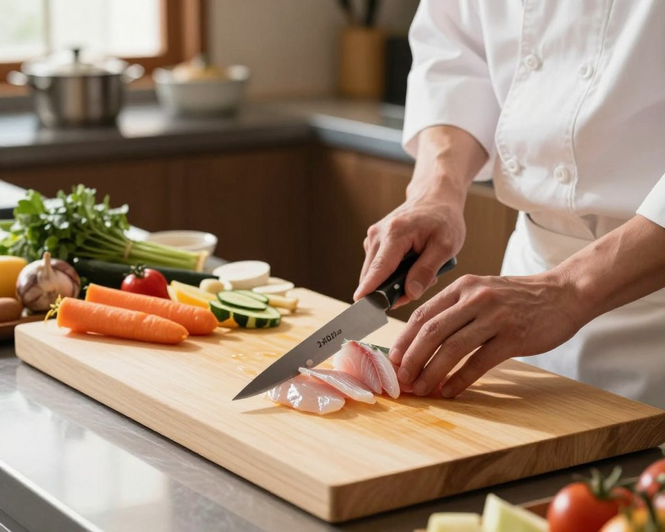 A beautifully arranged kitchen countertop featuring a skilled chef, dressed in a professional chef's coat, demonstrating cutting techniques with a 240mm Sujihiki knife. In the foreground, the chef's hands elegantly glide the knife through thin, translucent slices of sashimi-grade fish and perfectly cut vegetables, showcasing precision and control. The middle ground displays a wooden cutting board adorned with vibrant, colorful ingredients – a contrast to the polished stainless steel of the Sujihiki. The background features softly blurred kitchen elements, like pots and herbs, illuminated by warm, natural light streaming in from a nearby window, creating an inviting and professional atmosphere. A slight top-down angle captures both the knife's elegant design and the aesthetic of the preparation process.