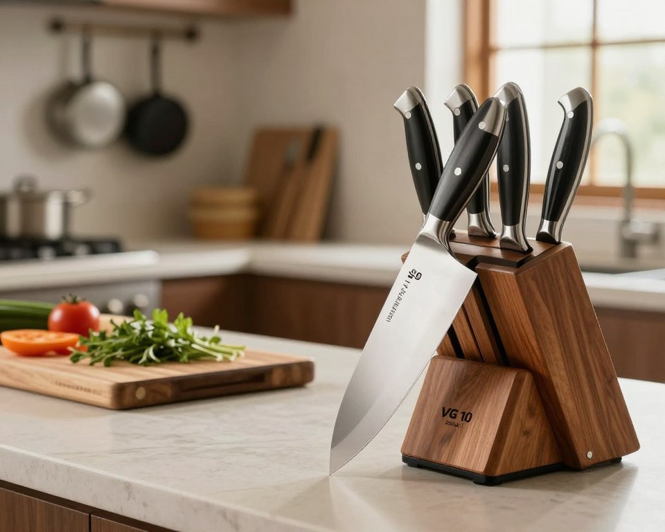 A beautifully arranged kitchen countertop showcases a range of Sakai Takayuki VG 10 knives, each prominently displayed in a sleek wooden knife block. In the foreground, a polished, stainless steel VG 10 knife gleams under soft, warm lighting, emphasizing its sharp blade and elegant handle. The middle ground features a wooden cutting board with fresh ingredients like herbs and vegetables, hinting at the knife's culinary use. The background reveals a softly blurred kitchen setting with hanging pots and a window letting in natural light, creating a warm and inviting atmosphere. The scene captures the essence of proper knife care and the artistry of home cooking, inviting viewers to appreciate the beauty and functionality of the VG 10 knife.