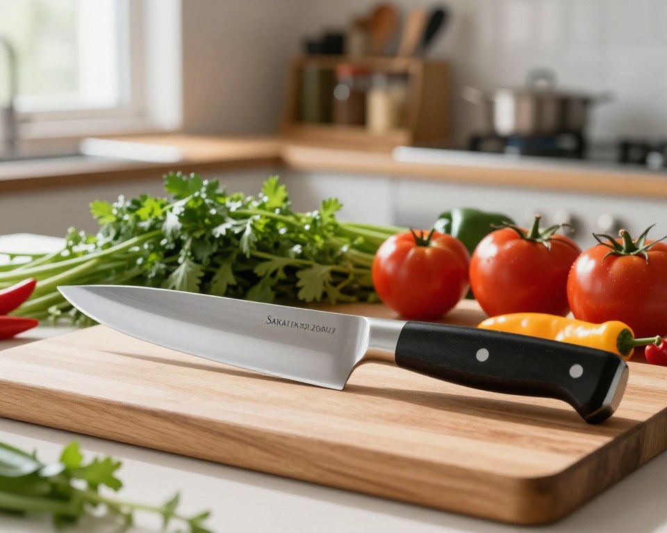 A beautifully arranged kitchen scene featuring a Sakai Takayuki Fuguhiki knife as the focal point, elegantly displayed on a wooden cutting board. The knife should be shown in exquisite detail, highlighting its sharp blade, traditional Japanese craftsmanship, and ergonomic handle, reflecting a masterful blend of form and function. Surrounding the knife, fresh vegetables such as vibrant green herbs, ripe tomatoes, and colorful peppers create a sense of culinary artistry. The background should feature soft, blurred kitchen elements, like a shelf with spices and utensils, enhancing the homely atmosphere. Natural light streams in from a nearby window, casting gentle reflections on the knife’s blade, creating a warm and inviting mood. The image should evoke a sense of quality, skill, and appreciation for fine cooking tools.
