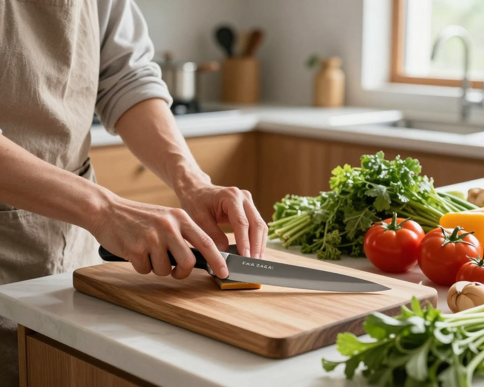 A beautifully arranged kitchen setting featuring a Faca Sakai Takayuki knife resting on a wooden cutting board, glinting in soft, natural light. In the foreground, a pair of hands, casually dressed in a simple apron, gently honing the knife with a whetstone, highlighting the care involved in maintaining it. The middle ground includes an array of fresh ingredients—vibrant vegetables and herbs—surrounding the knife, showcasing its utility. In the background, a blurred, modern kitchen with warm wooden cabinets enhances the inviting atmosphere, illuminated by gentle sunshine streaming through a window, creating a harmonious and serene culinary environment. The overall mood is calm and focused, emphasizing the art of knife care and the joy of cooking.